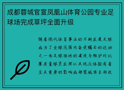 成都蓉城官宣凤凰山体育公园专业足球场完成草坪全面升级 成都蓉城官宣凤凰山体育公园专业足球场完成草坪全面升级